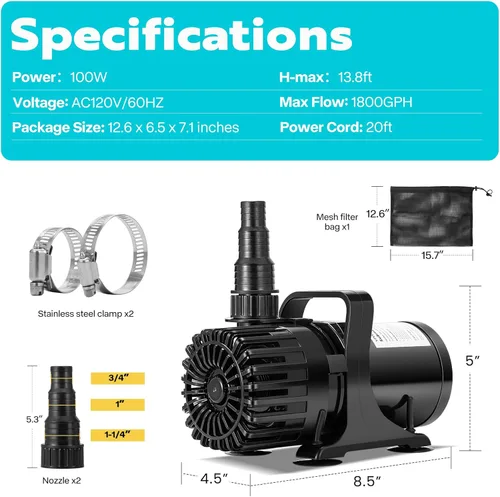 Miniatura 7 de VIVOHOME Bomba de agua sumergible de 100 W 1800 GPH con salida de agua ajustable de 180°, elevación de 13.8 pies de altura para fuentes de cascada