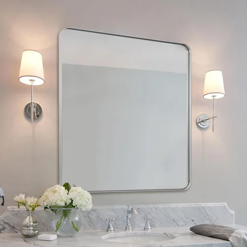 Miniatura 11 de ANDY STAR Espejo cromado para baño, espejo de pared con marco de metal de 22 x 30 pulgadas, espejo rectangular de acero inoxidable con esquina