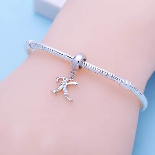 Miniatura 50 de ABUN Abalorio de plata de ley 925 con letra A a la Z, espaciador de inicial, con circonita cúbica transparete colgante, auténtica, para pulseras