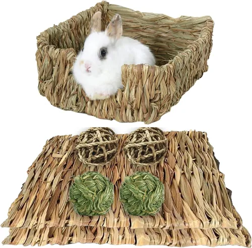 Hamiledyi Cama de hierba de conejo, alfombrilla de heno natural hecha a mano, bolas masticables para conejo, jerbo, chinchilla, cobaya, hurón, otros