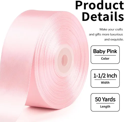 Miniatura 2 de Mauproy Cinta de satén rosa bebé de 1-1/2 pulgadas de ancho, cinta de tela de poliéster sólido de 50 yardas para hacer rosas, envoltura de regalos
