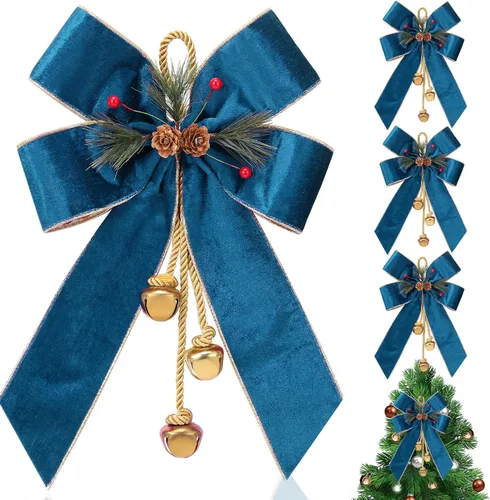 Miniatura 7 de Yinkin Corona de Árbol de Navidad Lazo Lazos de Cinta de Navidad con Campanas 11 x 7.8 pulgadas Terciopelo Cono de Pino Lazo Adornos Colgantes