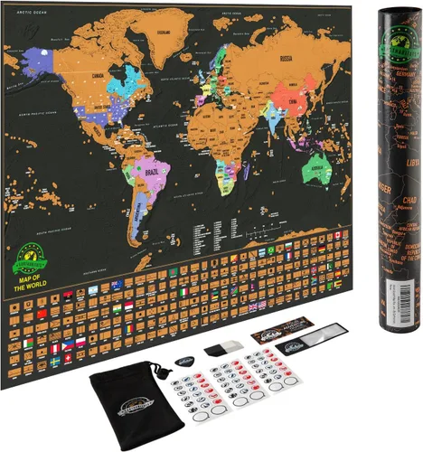 Póster de mapa del mundo para raspar con los estados de Estados Unidos y las banderas de los países, haz un seguimiento de tus aventuras Incluye