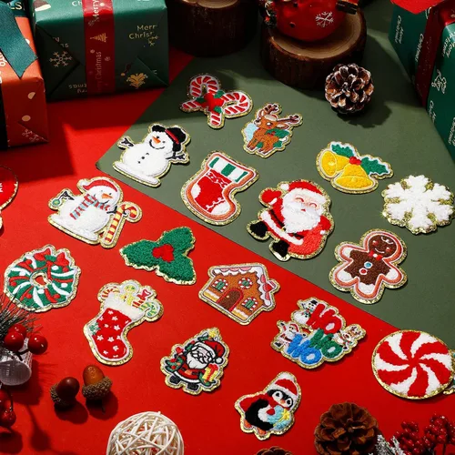 Miniatura 7 de 48 parches autoadhesivos para planchar, parches bordados de chenilla, parches para coser, apliques de Papá Noel, muñeco de nieve, pan de jengibre