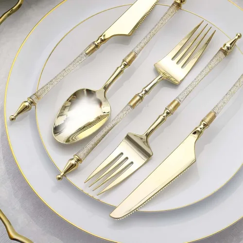 Miniatura 9 de Efavormart - Juego de 24 utensilios de plástico europeo con purpurina dorada con mango de columna romana, tenedor, cuchara y cuchillo desechables
