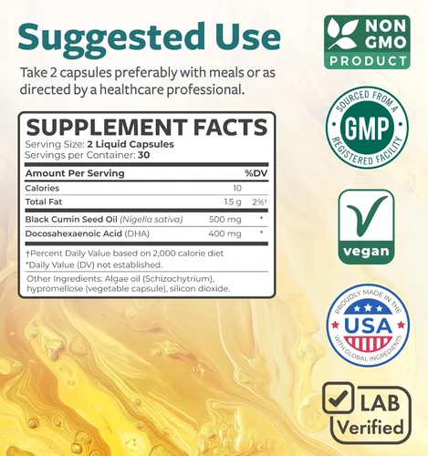 Miniatura 4 de Cápsulas de aceite de semilla negra prensado en frío - Suplemento vegano sin OMG de semilla negra Nigella Sativa con Omega 3 DHA para el bienestar