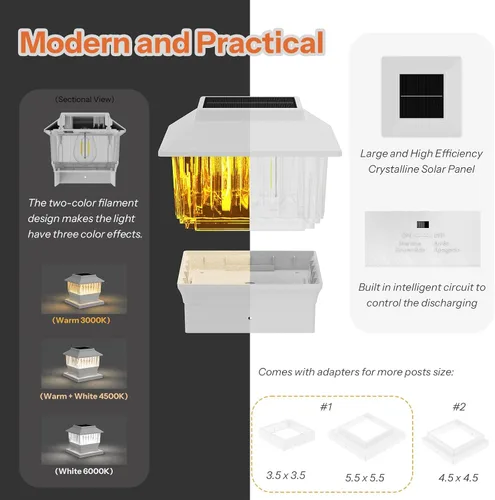 Miniatura 7 de Paquete de 4 luces solares para tapa de poste, modernas #2: se adapta a postes de vinilo de 4 x 4 y madera de 5 x 5 pulgadas, temperatura de 3