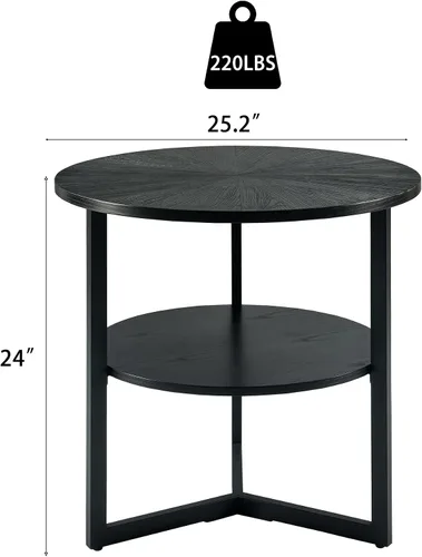 Miniatura 2 de Mesa auxiliar redonda grande con estante de almacenamiento, sofá circular rústico patas de metal negro, mesita de noche de madera maciza, teléfono