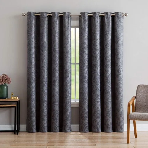 Miniatura 3 de Warm Home Designs 1 par (2 paneles) de cortinas opacas de carbón gris con patrón de flores de damasco texturizado en relieve. Cada panel de cortina