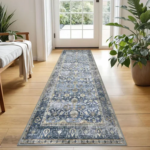 Miniatura 30 de KUTA Alfombras vintage de 2 x 3 pies para entrada, antideslizantes, lavables, tapete para puerta de interior con estampado floral, azul, gris, Azul