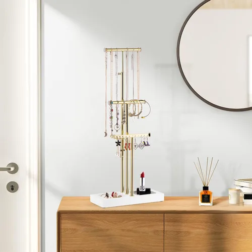 Miniatura 7 de Love-KANKEI Organizador de joyas colgante con base de metal y madera, soporte para collar con árbol de 3 niveles soporte para joyas para pulseras