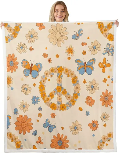 Miniatura 18 de Manta de vellón Kawaii Mushroom Boho – Hippie Groovy Floral Sherpa Queen – 60s 70s Retro Vintage Theme Throw – Chic Daisy Flower Plush Geometric