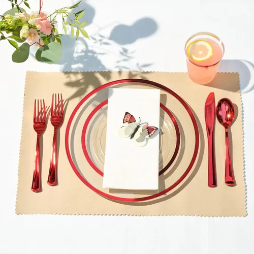 Miniatura 3 de By Madee Premium - 100 platos de plástico transparente y rojo para fiesta, 50 platos de cena y postre con ribete metálico, extra pesados, 30% más