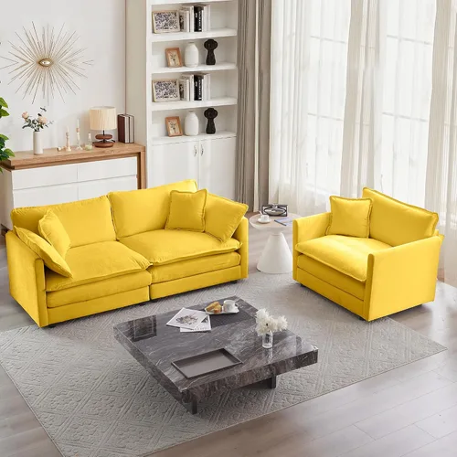 Miniatura 23 de mikibama Juego de sofá biplaza y sillón de lujo de 2 piezas, moderno juego de sofás nube tapizados de chenilla con 5 almohadas para sala de estar