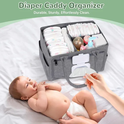 Miniatura 6 de Volnamal Organizador de pañales con dispensador de toallitas con acceso con una sola mano, organizador de pañales de alta calidad, organizador Gris