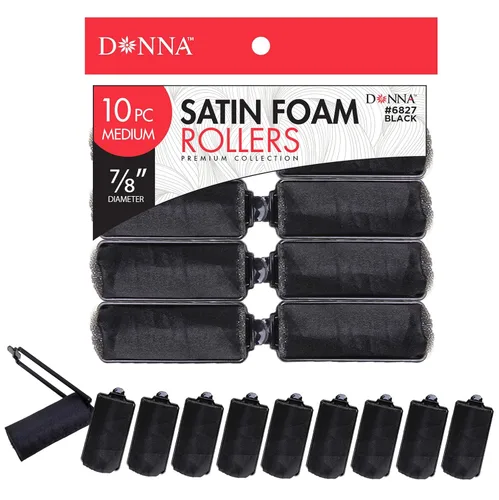 DONNA Silky Sastin Foam Roller 7/8 "(D) MEDIANO 10PCS Rizadores de pelo con clips para peluquería y peinado sin calor - NEGRO 7/8"(D) Medium