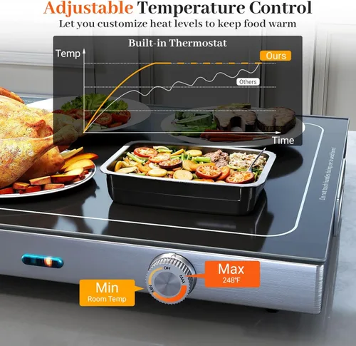 Miniatura 2 de COSTWAY Bandeja de calentamiento eléctrica con temperatura ajustable y asas integradas, calentador de alimentos con parte superior de vidrio