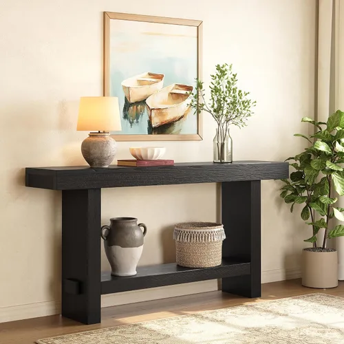 Miniatura 6 de Mesa consola de madera maciza de 63 pulgadas, mesa de entrada estrecha de 2 niveles para pasillo, entrada, sala de estar, detrás del sofá
