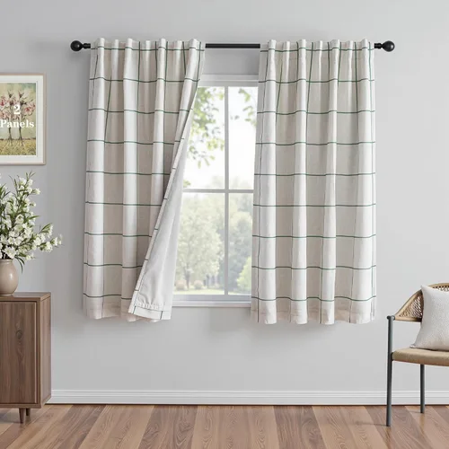 Miniatura 32 de MYSKY HOME Cortinas de Lino a Cuadros 100% Opacas de 45 Pulgadas de Largo de Doble Capa Estilo Granja con Aislamiento Térmico Estampado a Cuadros
