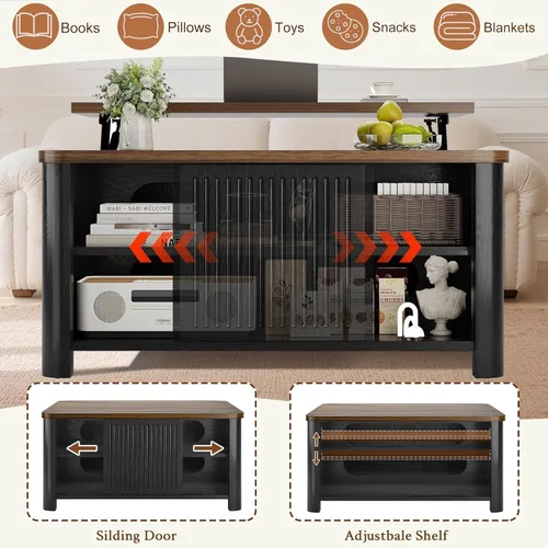 Miniatura 7 de Decofy Mesa auxiliar elevable con almacenamiento de mediados de siglo, modernas mesas de centro cuadradas para sala de estar, gran compartimento