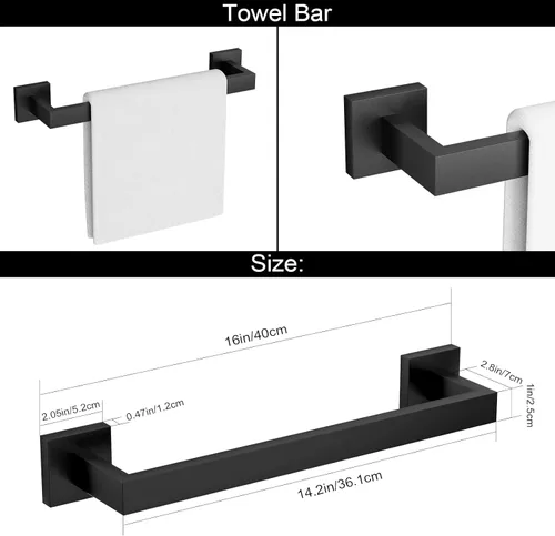 Miniatura 5 de Ralbay Juego de 5 toallas de baño de 14.2 pulgadas, color negro, acero inoxidable de alta calidad, estilo cuadrado, color negro mate, juego
