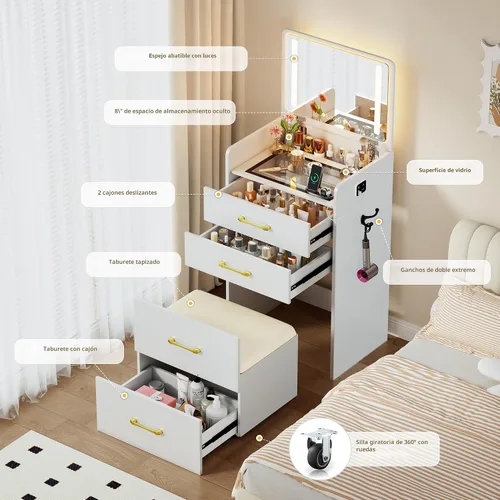 Miniatura 8 de Lvifur Escritorio de tocador 3 en 1 con espejo abatible y luces, tocador compacto con parte superior de vidrio con 3 cajones y taburete rodante