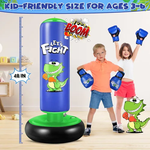 Miniatura 5 de Bolsa de boxeo inflable, bolsa de boxeo de 48" para niños con guantes de boxeo, juego de boxeo estable para karate, taekwondo, juguete de dinosaurio