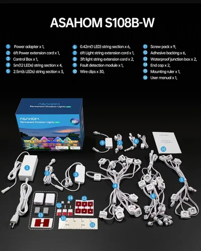 Miniatura 9 de ASAHOM Luces permanentes para exteriores Pro S108B, 100 pies con 72 luces LED RGBCW, WLED integrado, 70lm blanco, efecto dinámico 30000, iluminación