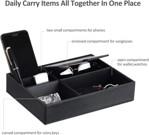Miniatura 3 de BEWISHOME Bandeja organizadora de aparador para hombre organizador de mesita de noche para accesorios de joyería fibra de carbono piel sintética