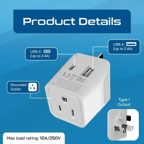 Miniatura 8 de Ceptics Adaptador de viaje para Australia, Nueva Zelanda y China, entrada USB dual, ultracompacto, de Estados Unidos a tipo I, perfecto para Blanco