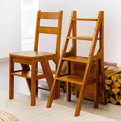 Miniatura 6 de Escalera plegable de 4 niveles, silla plegable de madera 3 en 1, taburete portátil multifunción con capacidad de 198 libras, estante de exhibición