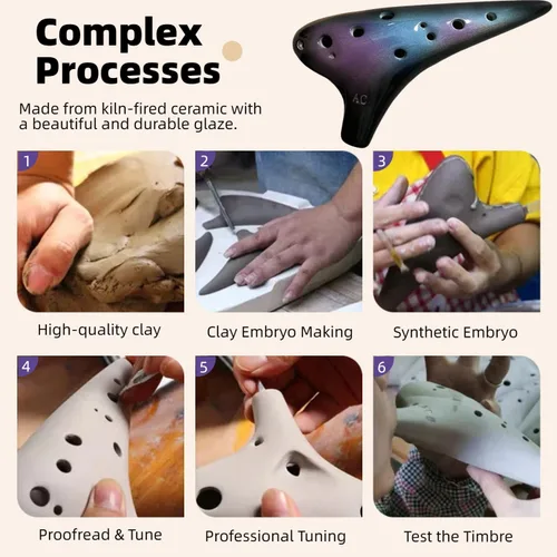 Miniatura 4 de Instrumento de Ocarina de 12 Agujeros con Libro de Canciones para Principiantes, Ocarina de Cerámica Alto C (Azul Estrellado y Morado y Negro)