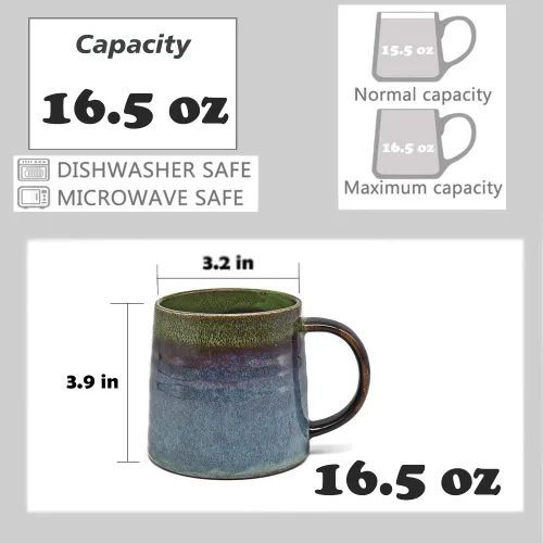 Miniatura 2 de Taza de café grande de cerámica, taza de té para oficina y hogar, tazas de café de cerámica hechas a mano, 16.5 onzas, aptas para lavavajillas
