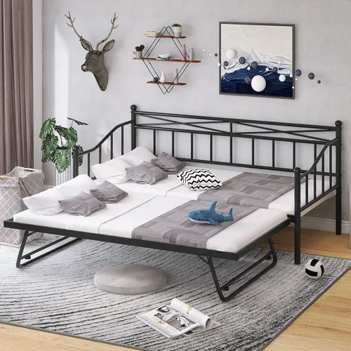 Sofá cama de metal de tamaño individual con nido ajustable de tamaño individual, nido plegable portátil, soporte de listones de metal, cama Negro