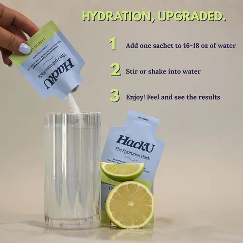 Miniatura 2 de HackU Hydration Hack - Paquetes de hidratación de electrolitos y piel – Mezcla de bebida sin azúcar, sin hinchazón con magnesio, ácido hialurónico