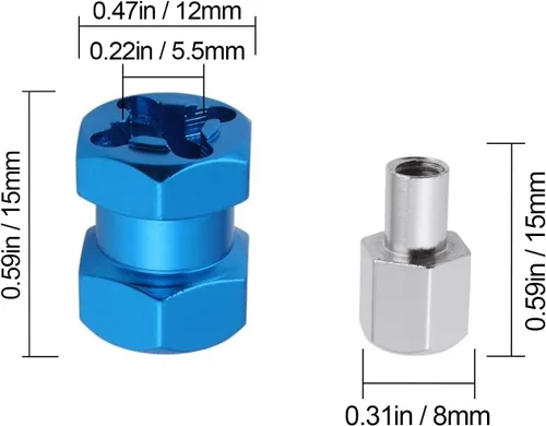 Miniatura 7 de Hobbypark - Paquete de 4 cubos de transmisión hexagonal de rueda de 0.472 in, acoplador combinador de aluminio de 0.591 in, extensión de Azul