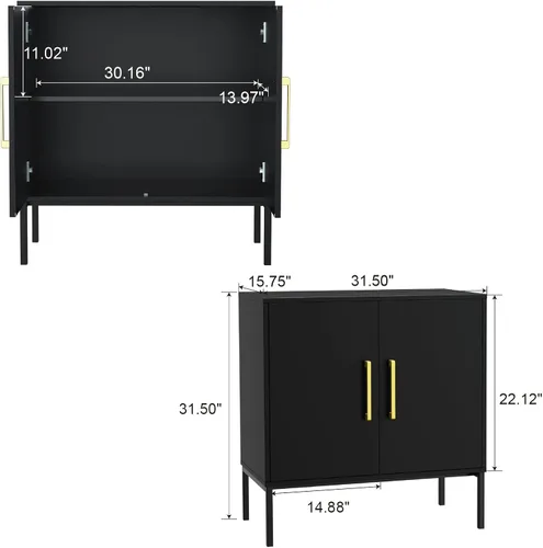 Miniatura 2 de JOZZBY Aparador de buffet con almacenamiento, gabinete de madera moderno con estantes ajustables, gabinetes negros y dorados para sala de estar