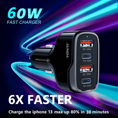 Miniatura 4 de SUNDA Cargador de Coche USB C Rápido de 60W Adaptador de Carga de Coche de 4 Puertos Dual Tipo C PD30W/PPS30W Compatible con iPhone 17/16