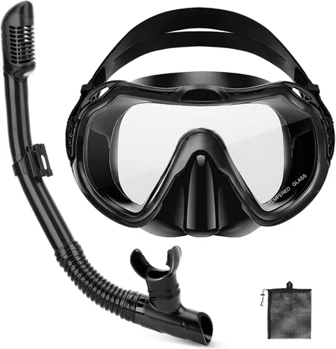 Snorkeling Gear for Adults, Adult Snorkel Set with Panoramic Anti-Leak and Anti-Fog Tempered Glass Snorkel Mask, Dry Top Snorkel, Snorkle Mask Set