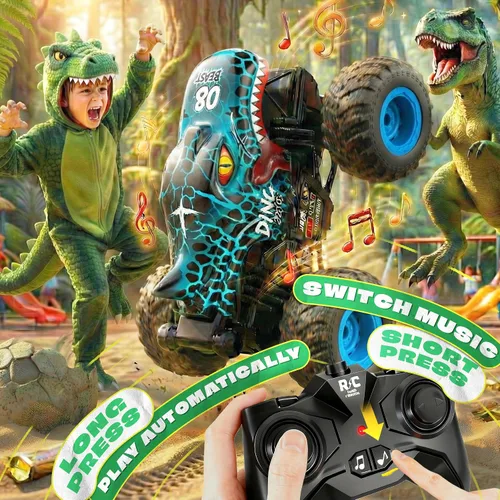 Miniatura 4 de BEZGAR Monster Truck Toys - Camión monstruo de control remoto con luz y música, juguetes de dinosaurios para niños, camión RC a escala 1:20 con Azul