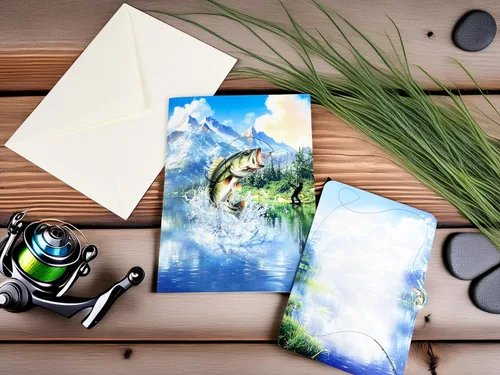 Miniatura 6 de Tarjeta de felicitación desplegable 3D – Tarjeta de pesca hecha a mano con lubina saltarina y lago escénico – Día del Padre, cumpleaños, jubilación