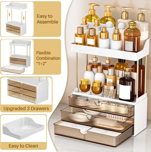 Miniatura 5 de caktraie Organizadores y Almacenamiento de Baño - Organizador de Maquillaje de 3 Cajones y 2 Niveles, Cajón de Almacenamiento de Cosméticos
