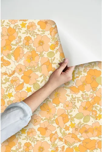 Miniatura 3 de Papel tapiz para despegar y pegar, diseño floral vintage de los años 70, flores amarillas melocotón, papel tapiz extraíble personalizado Spoonflower