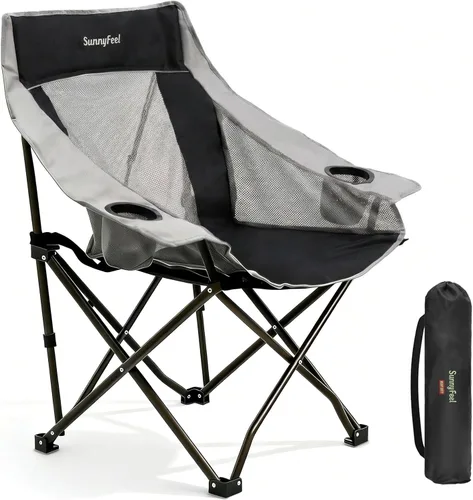 SUNNYFEEL Sillas de campamento ligeras de gran tamaño para adultos, silla plegable portátil con bolsillos laterales y hueco para tazas para playa,