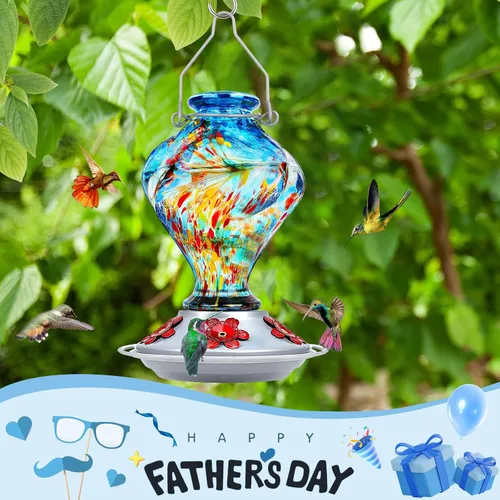 Miniatura 2 de BOLITE - Alimentador de colibríes, de vidrio soplado a mano, diseño torcido, para exteriores, con trampa para hormigas y cinco puertos de Azul