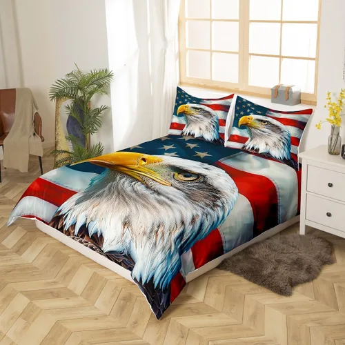 Miniatura 2 de Juego de ropa de cama de bandera estadounidense tamaño individual para habitación de niños y niños, juego de funda de edredón de águila calva, funda