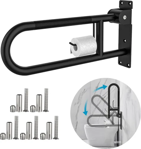 Miniatura 8 de Munzong - Barra de agarre para inodoro en forma de U de 32 pulgadas, riel de soporte antideslizante blanco, barra de agarre abatible para baño