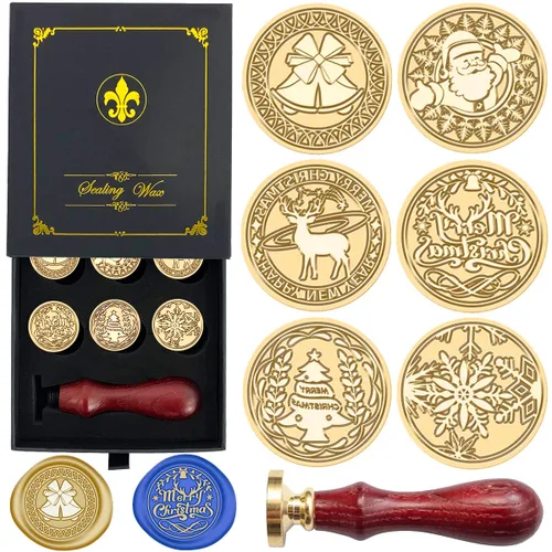 Miniatura 11 de Juego de caja de regalo de sellos de cera, 6 sellos de cera de sellado, sellos de cobre, 1 empuñadura de madera, kit de sellos de cera para sobres