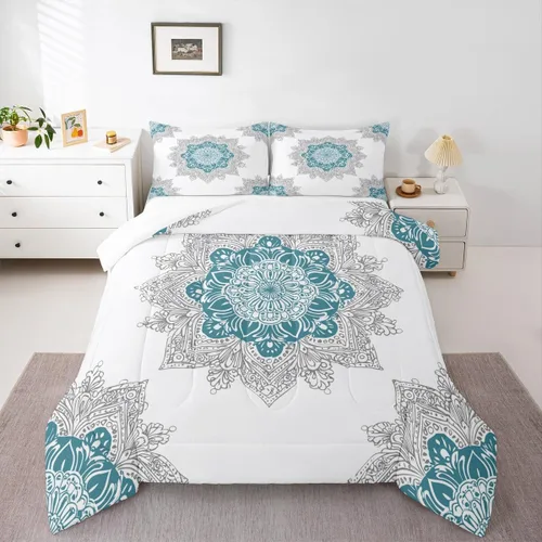 Miniatura 27 de Erosebridal Chic - Juego de edredón de flores tamaño Queen, juego de ropa de cama estética con mandala, juego de edredón gris turquesa, juego