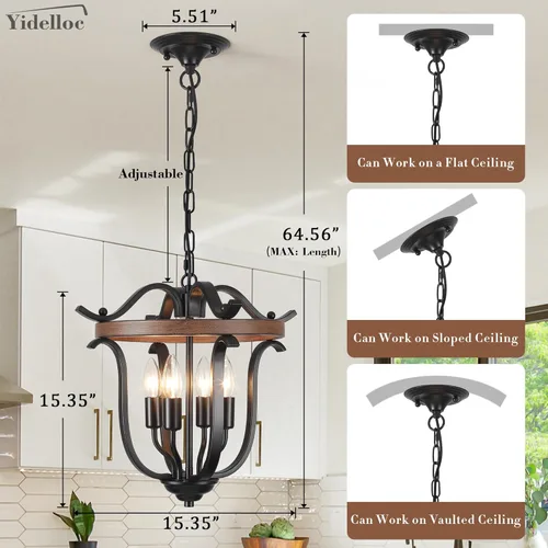 Miniatura 4 de Candelabro Negro de Granja de 4 Luces, Candelabros de Jaula Vintage Base E12 Accesorios de Iluminación de Techo Montaje Semi Empotrado Lámpara